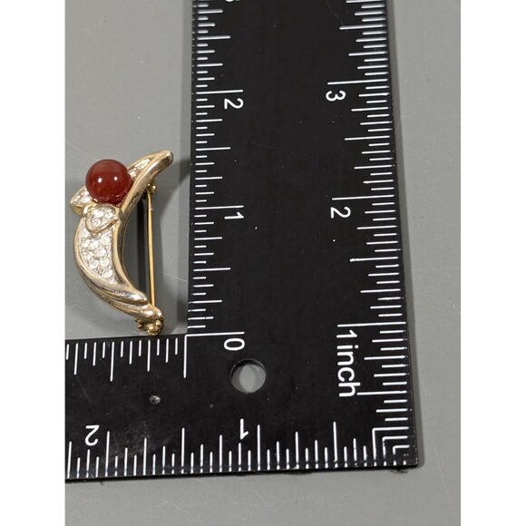 Vintage Red Glass Rhinestone Pave Crescent Moon Bow Brooch Pin - Picture 6 of 6